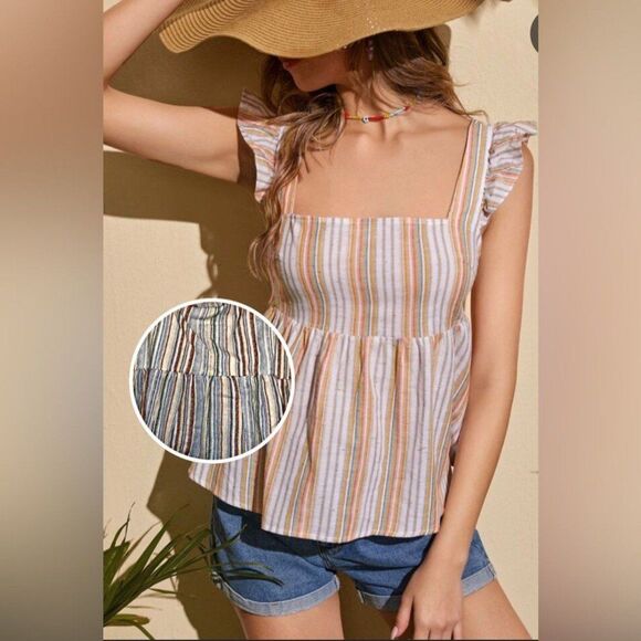 Liberty love crop top women’s size XL strips sleeveless ruffles pullover blouse - Picture 1 of 11